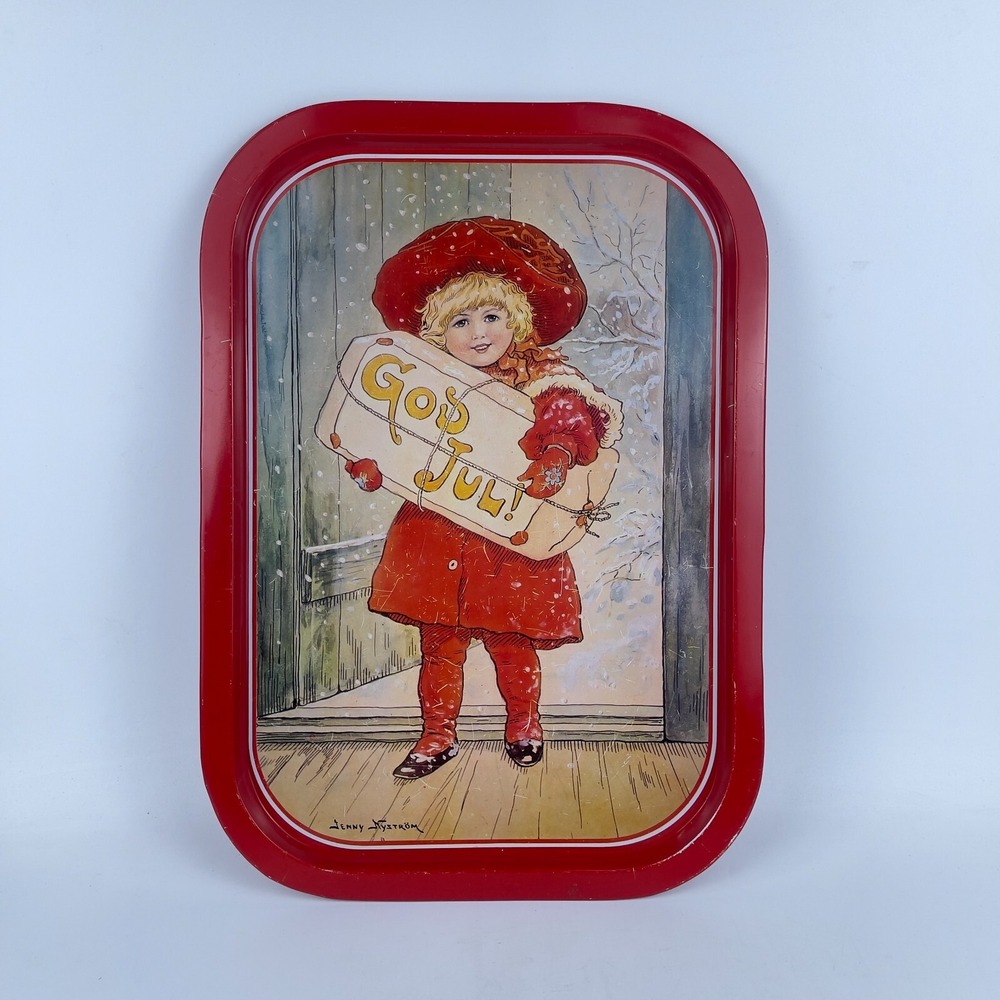 Vintage Jenny Nystrom Tin Metal Christmas‎ Graphic Print Serving Tray